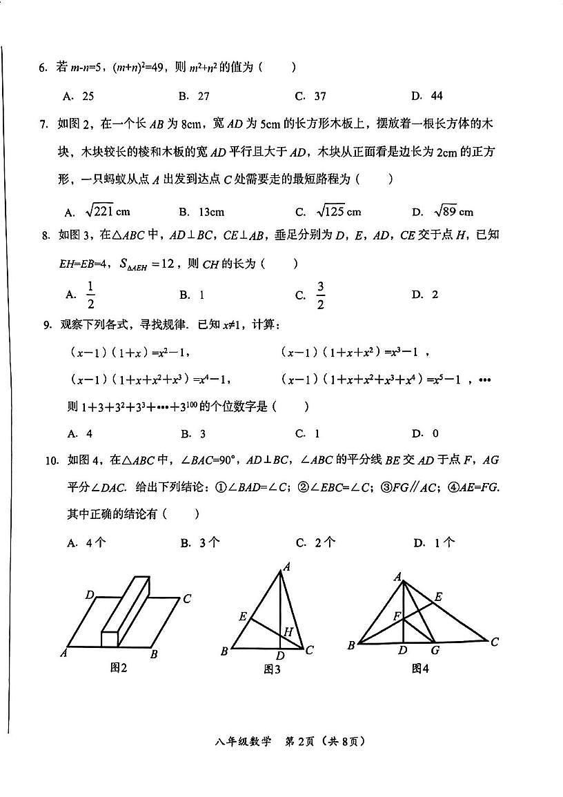 四川省安岳中学2025-2026学年八年级上学期期末数学考试卷第2页