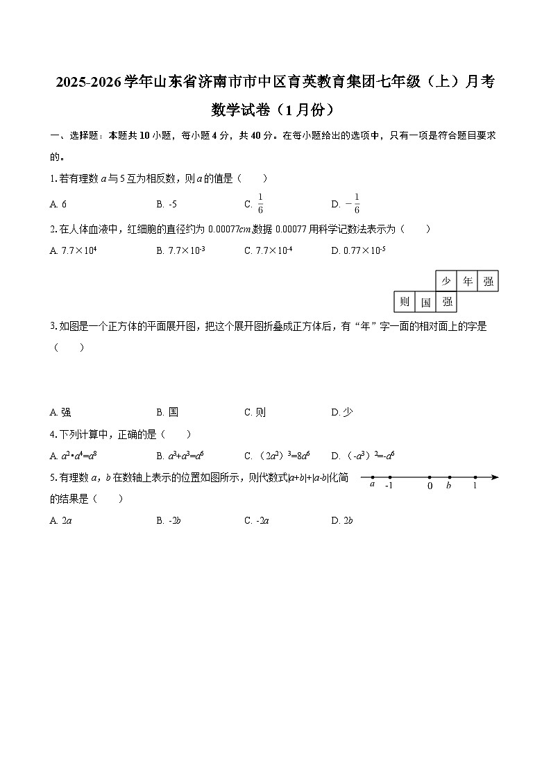 2025-2026学年山东省济南市市中区育英教育集团七年级（上）月考数学试卷（1月份）-自定义类型第1页
