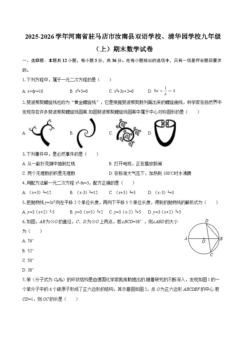 2025-2026学年河南省驻马店市汝南县双语学校、清华园学校九年级（上）期末数学试卷-自定义类型第1页