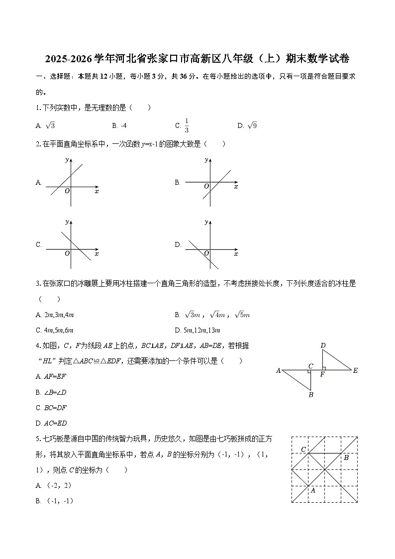 2025-2026学年河北省张家口市高新区八年级（上）期末数学试卷-自定义类型第1页