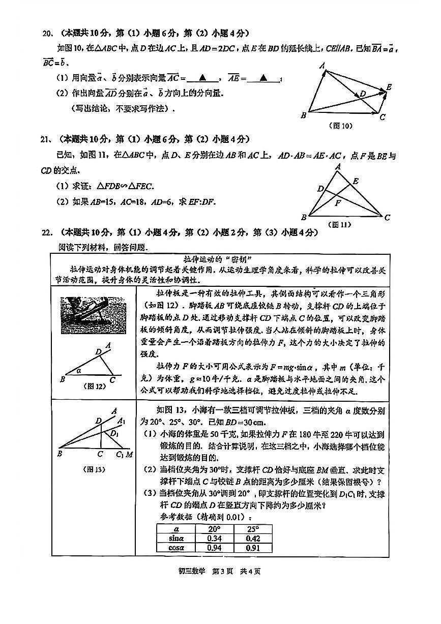 2026年上海市浦东新区初三上学期一模数学试卷和答案第3页