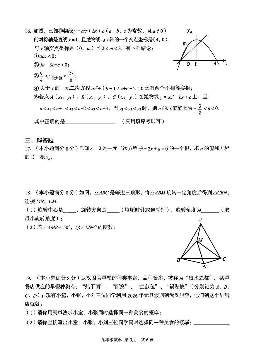 湖北省武汉市东西湖区2025-2026学年九年级上学期1月月考数学试题第3页