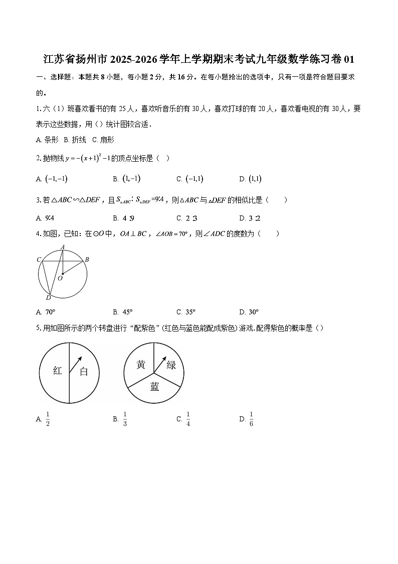 江苏省扬州市2025-2026学年上学期期末考试九年级数学练习卷01-自定义类型第1页
