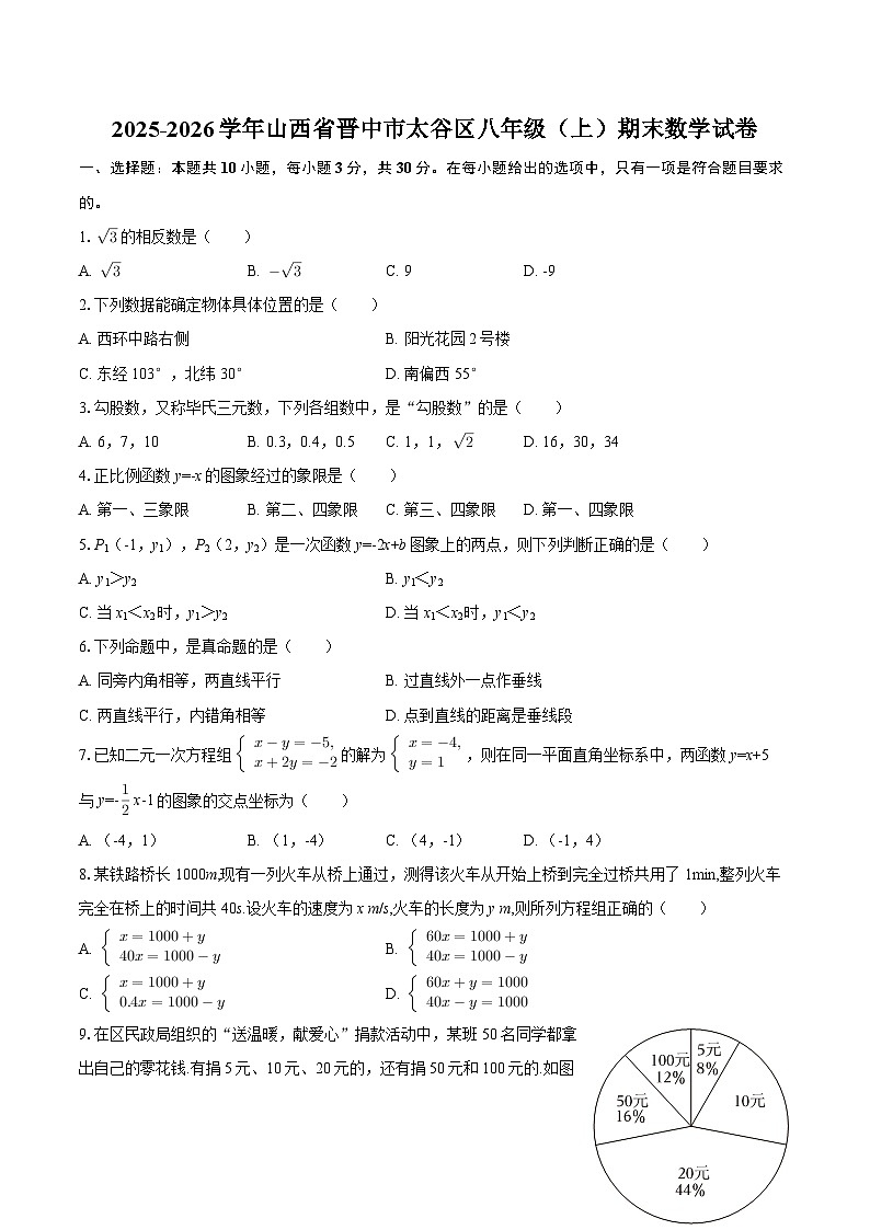 2025-2026学年山西省晋中市太谷区八年级（上）期末数学试卷-自定义类型第1页