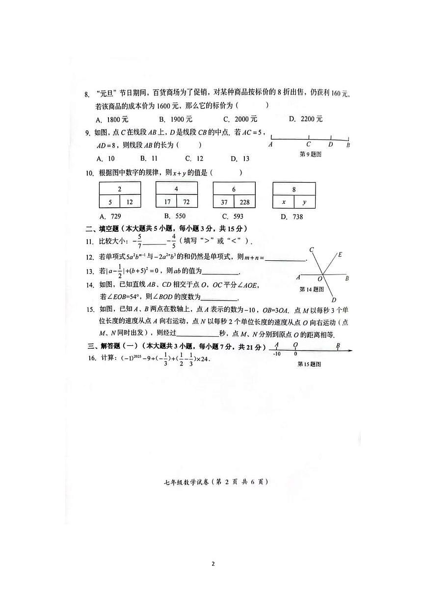 广东省汕头市澄海区2025-2026学年上学期七年级数学期末试题第2页