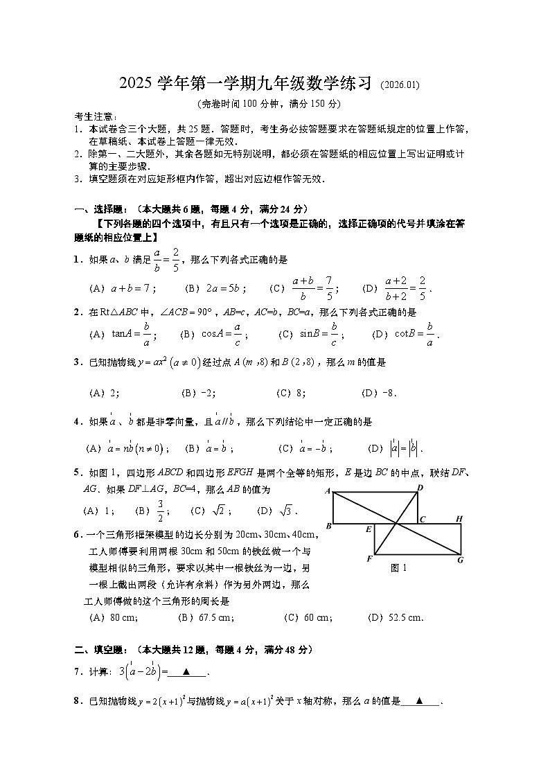 上海市奉贤区2025学年九年级数学一模试卷（含答案解析）第1页
