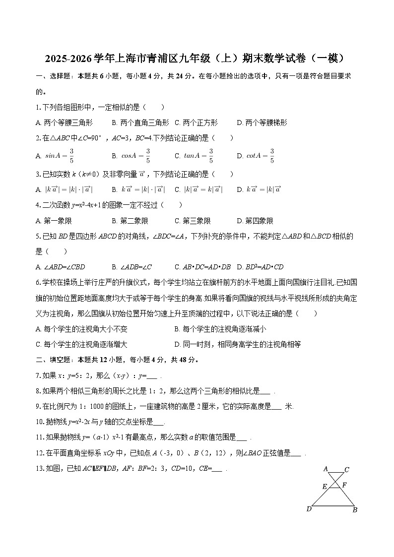 2025-2026学年上海市青浦区九年级（上）期末数学试卷（一模）-自定义类型第1页