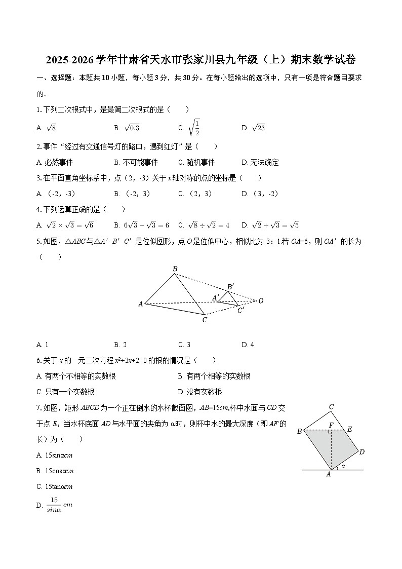 2025-2026学年甘肃省天水市张家川县九年级（上）期末数学试卷-自定义类型第1页