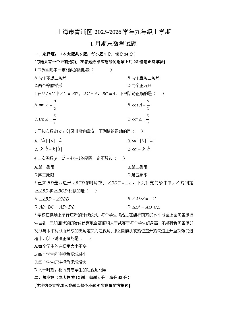 2025-2026学年上海市青浦区九年级上学期1月期末数学试卷（学生版）第1页
