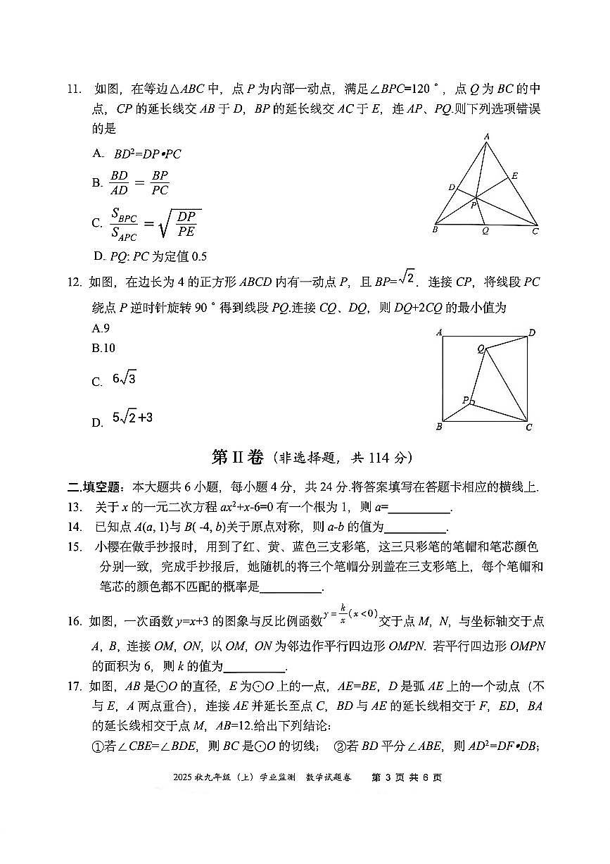 四川省绵阳市2025-2026学年九年级上学期期末数学试题（无答案）第3页