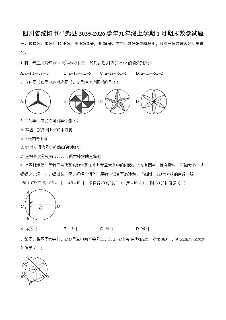 四川省绵阳市平武县2025-2026学年九年级上学期1月期末数学试题-自定义类型第1页