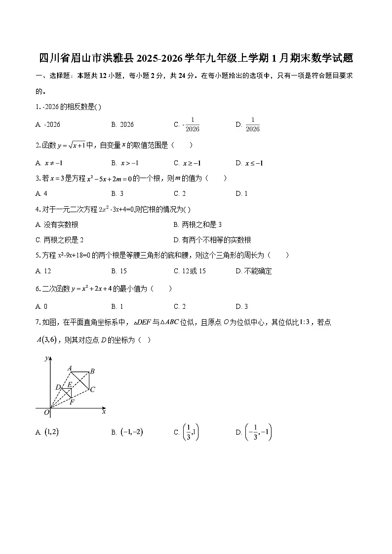 四川省眉山市洪雅县2025-2026学年九年级上学期1月期末数学试题-自定义类型第1页