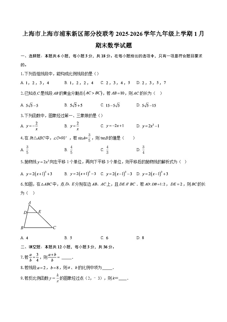 上海市上海市浦东新区部分校联考2025-2026学年九年级上学期1月期末数学试题-自定义类型第1页