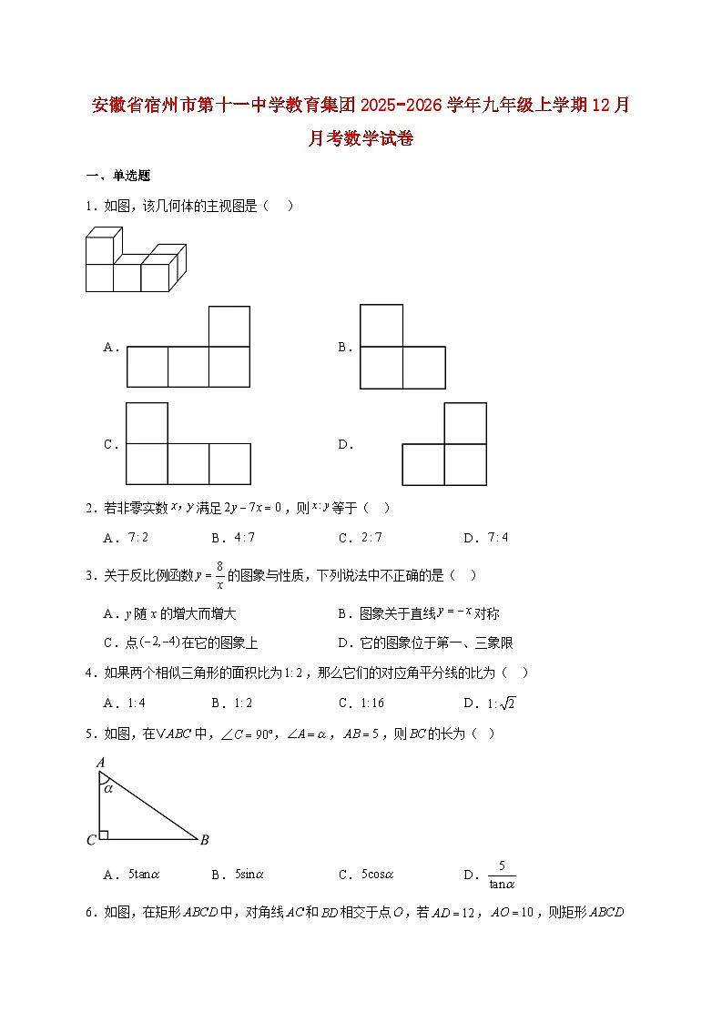 安徽省宿州市第十一中学教育集团2025~2026学年九年级上册12月月考数学试题【附解析】第1页