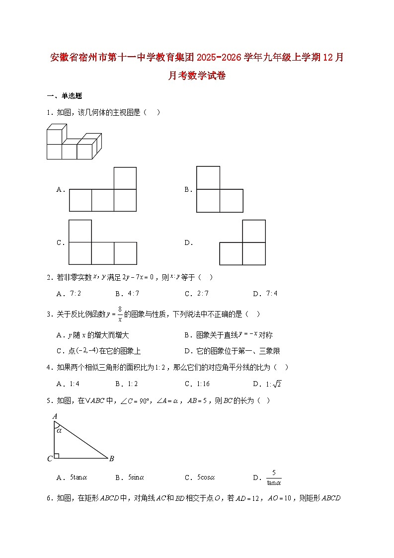 安徽省宿州市第十一中学教育集团2025~2026学年九年级上册12月月考数学试题【附解析】第1页