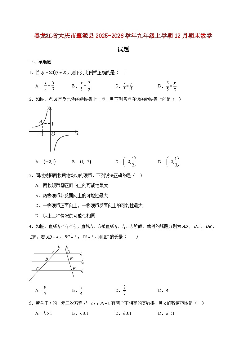 黑龙江省大庆市肇源县2025~2026学年九年级上册12月期末数学试题【附解析】第1页