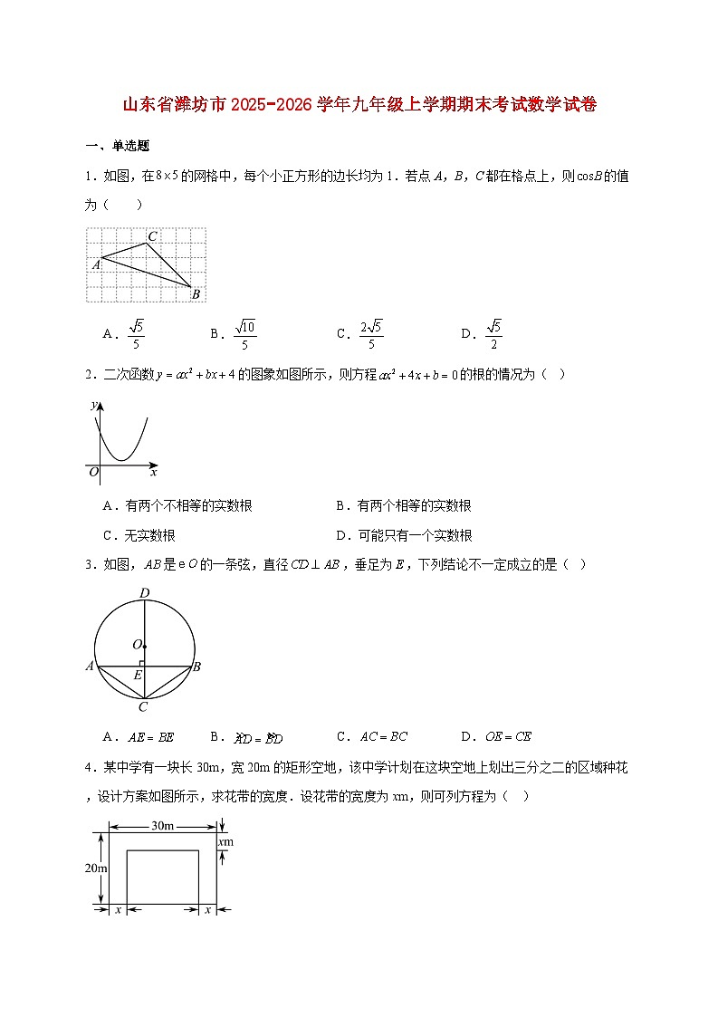 山东省潍坊市2025~2026学年九年级上册期末考试数学试题【附解析】第1页