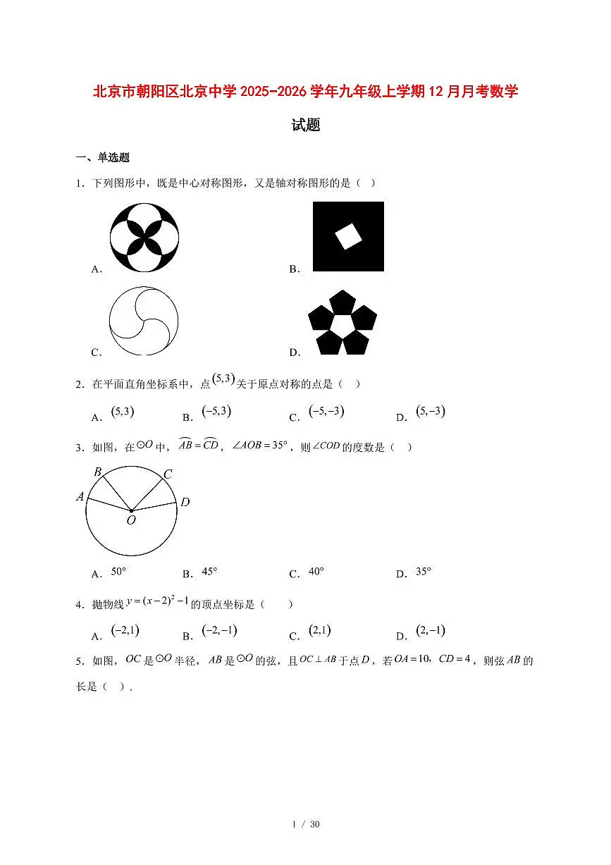 2025-2026学年北京市朝阳区北京中学九年级上学期12月月考数学试卷 [附答案]第1页
