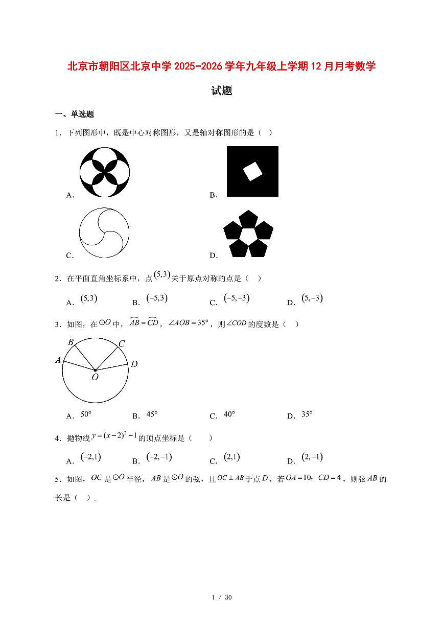 2025-2026学年北京市朝阳区北京中学九年级上学期12月月考数学试卷 [附答案]第1页