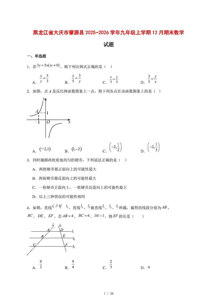 2025-2026学年黑龙江省大庆市肇源县九年级上学期12月期末数学试卷 [附答案]第1页