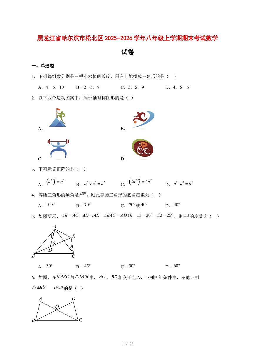 2025-2026学年黑龙江省哈尔滨市松北区八年级上学期期末考试数学试卷 [附答案]第1页