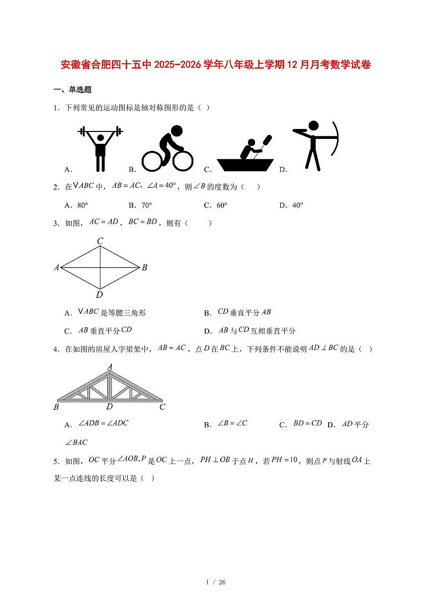 2025-2026学年安徽省合肥四十五中八年级上学期12月月考数学试卷 [附答案]第1页