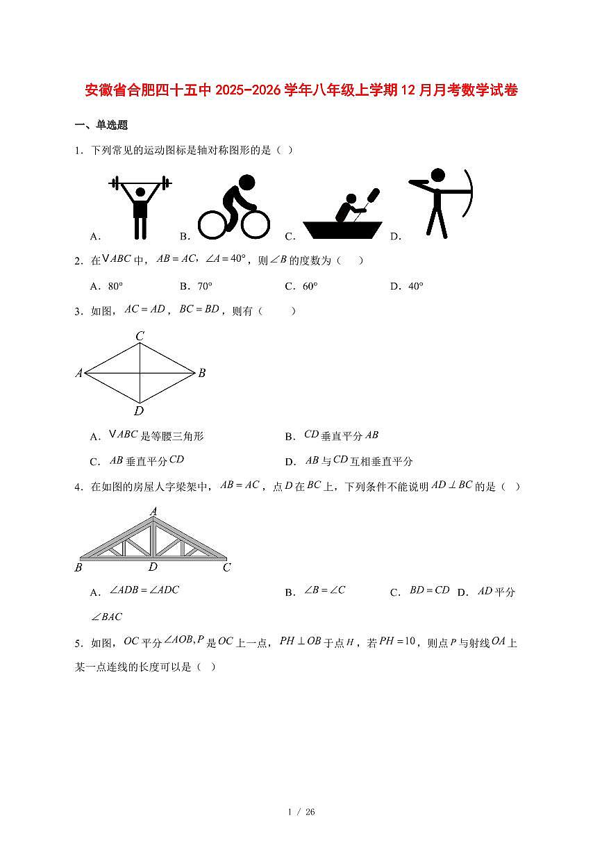 2025-2026学年安徽省合肥四十五中八年级上学期12月月考数学试卷 [附答案]第1页