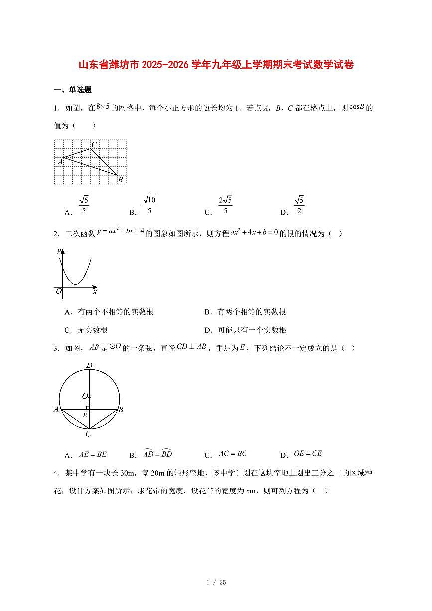 2025-2026学年山东省潍坊市九年级上学期期末考试数学试卷 [附答案]第1页