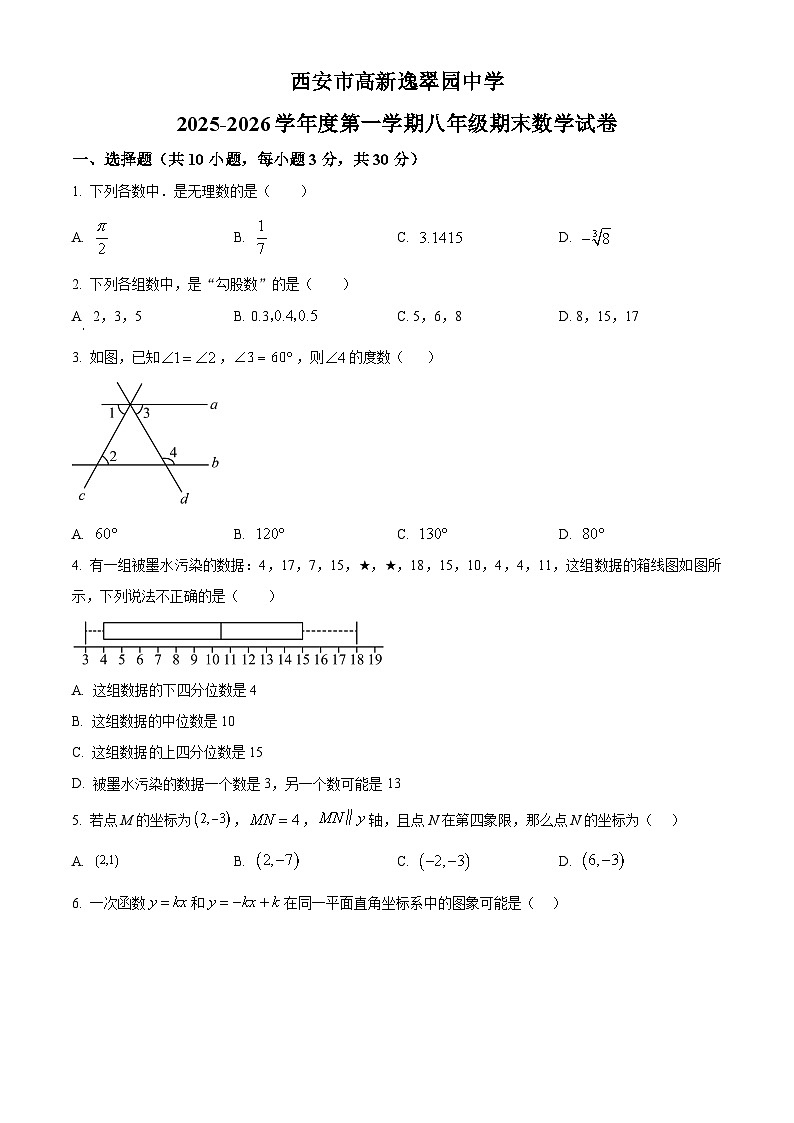 陕西省西安高新逸翠园初级中学2025-2026学年上学期八年级期末数学试题（原卷版+解析版）第1页