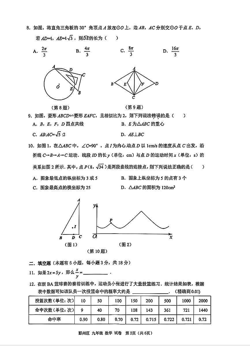 2026.1宁波市鄞州区九上期末数学试卷（含答案）第2页