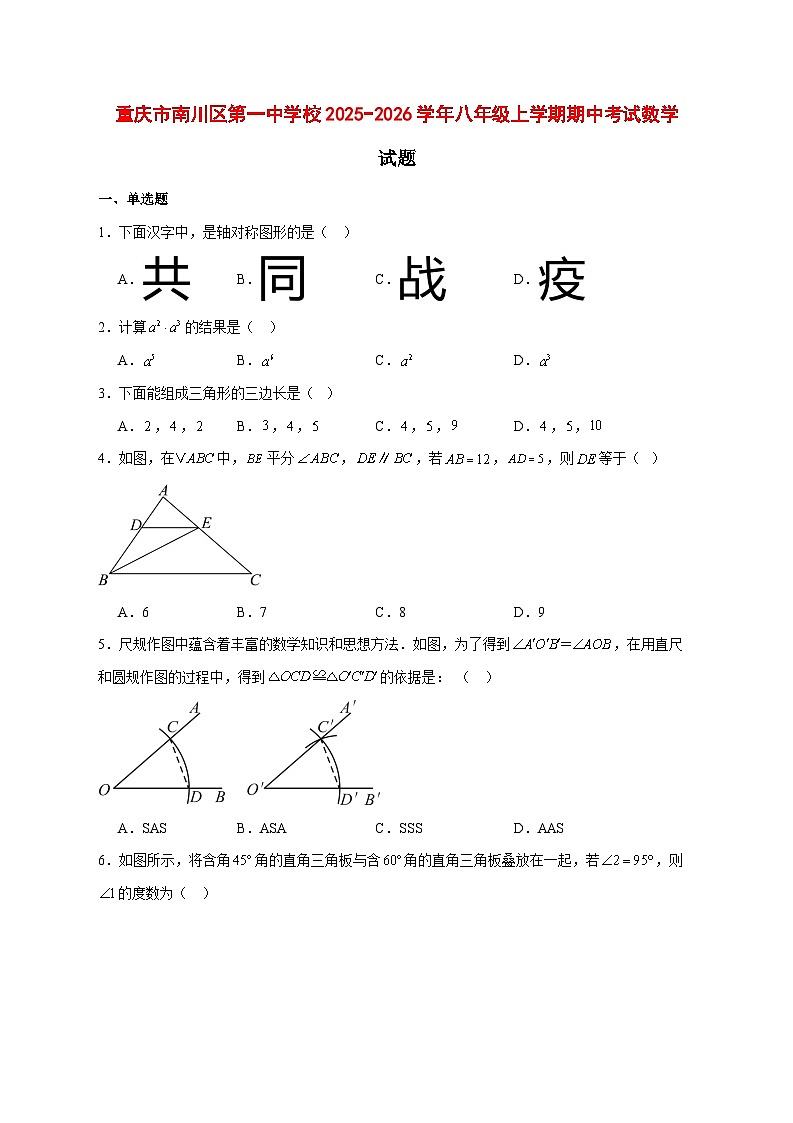 2025-2026学年重庆市南川区第一中学校八年级上册期中考试数学试卷 [附答案]第1页