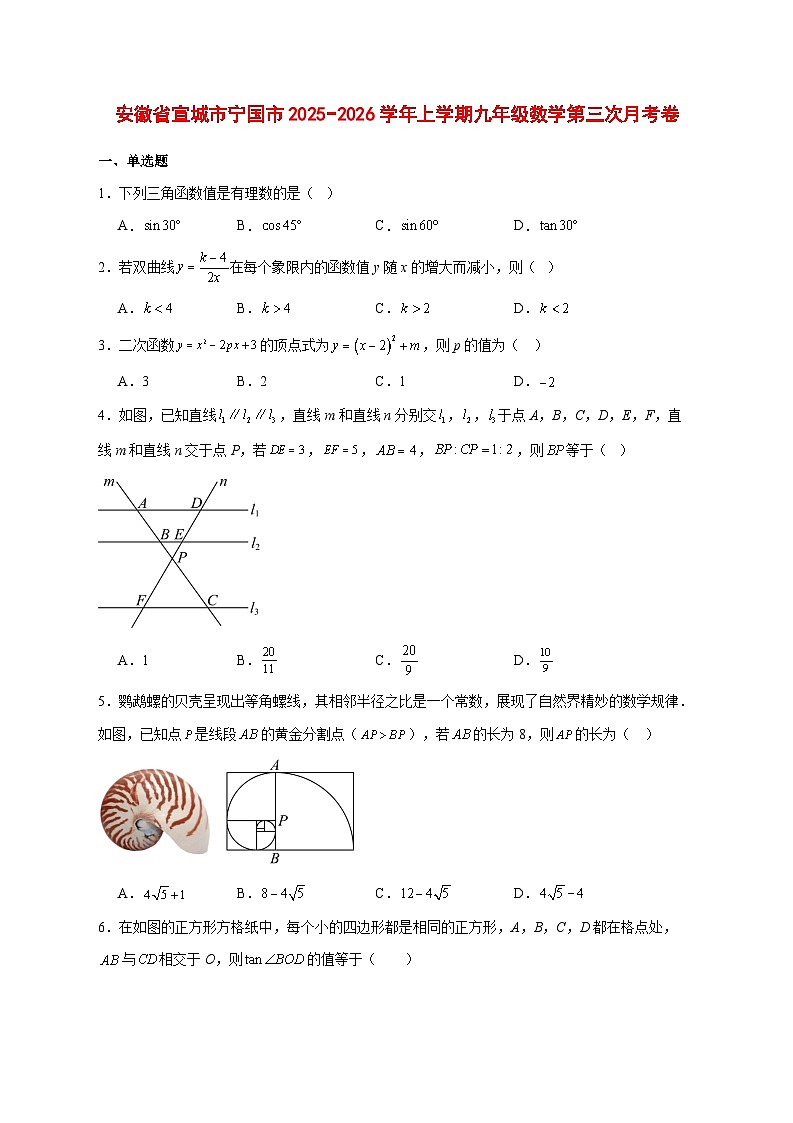 2025-2026学年安徽省宣城市宁国市上册九年级数学第三次月考卷 [附答案]第1页