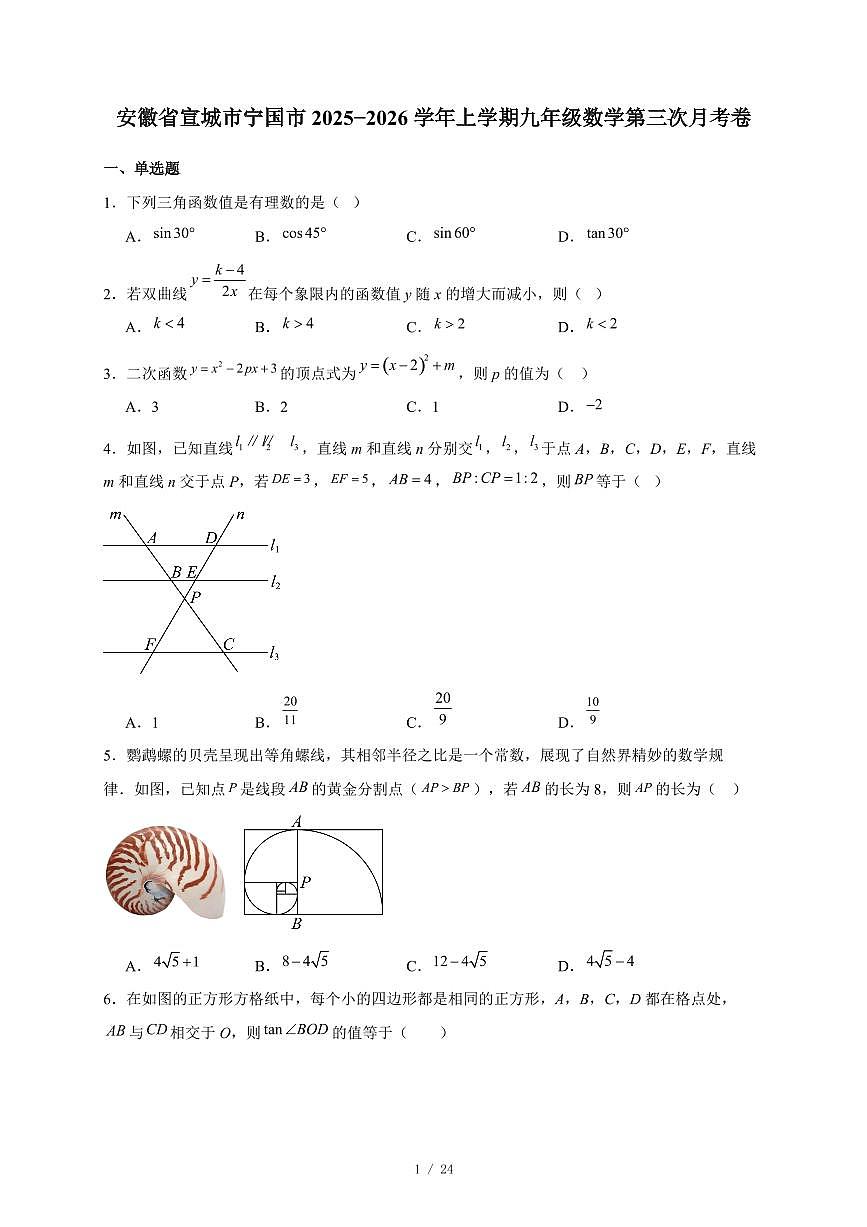安徽省宣城市宁国市2025-2026学年上册九年级数学第三次月考卷（含答案）第1页