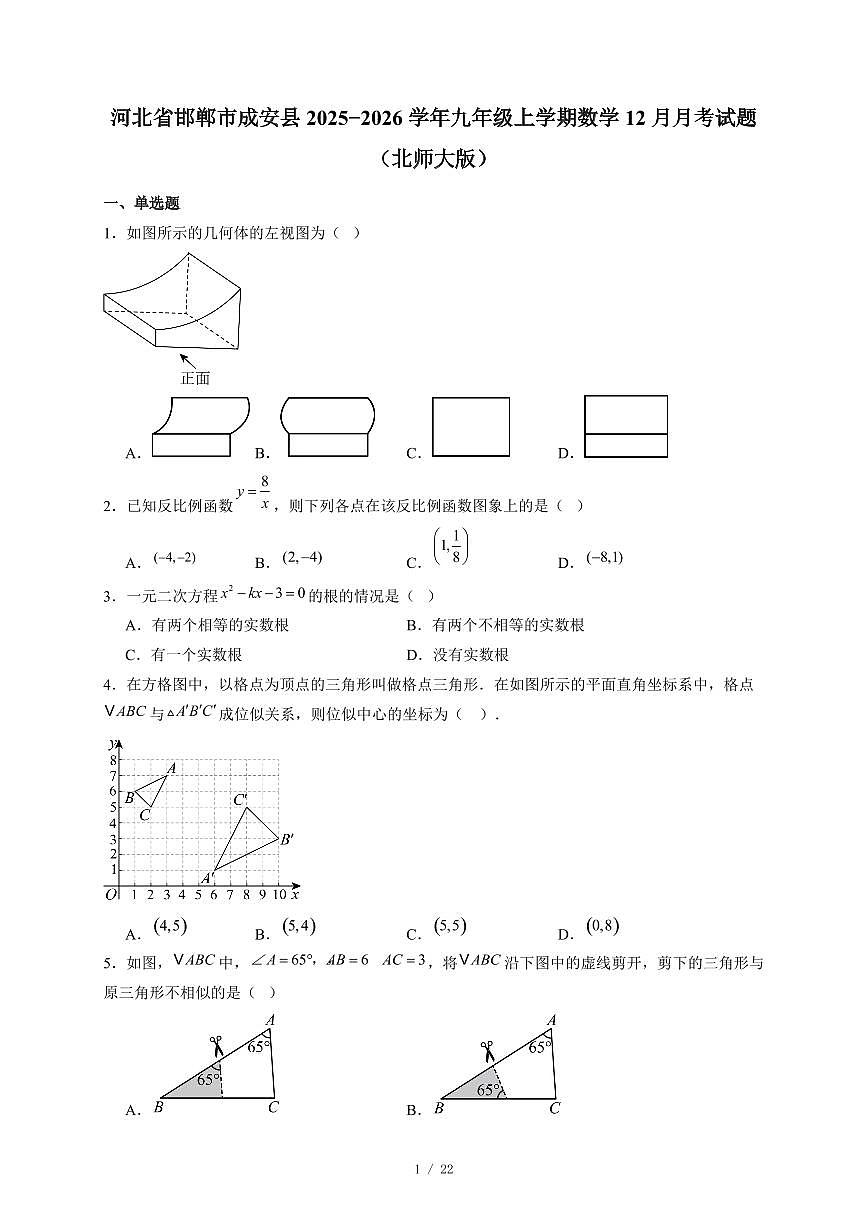 河北省邯郸市成安县2025-2026学年九年级上册数学12月月考试卷（北师大版）（含答案）第1页