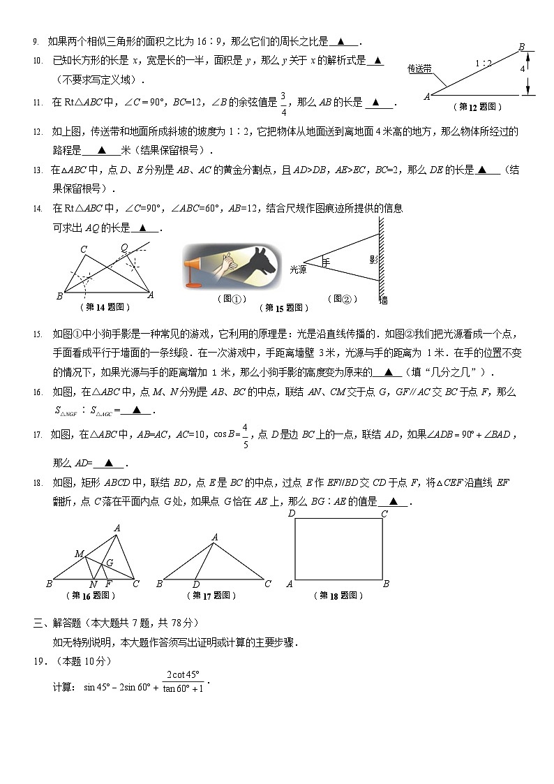2026年上海市闵行区初三上学期一模数学试卷和参考答案第2页