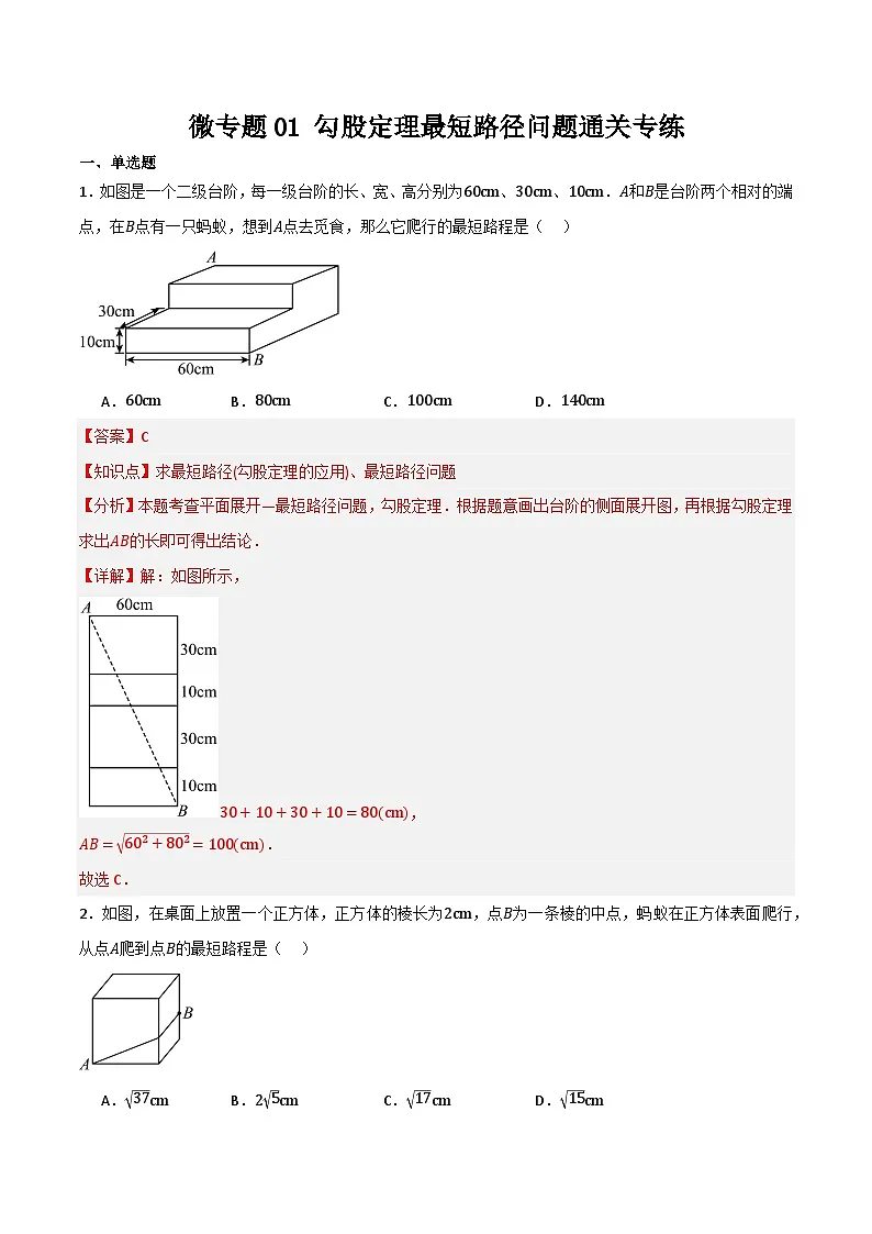 微专题01 勾股定理中最短路径问题通关专练(解析版） 第1页