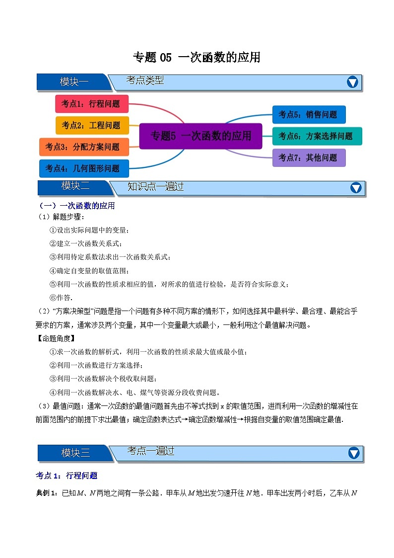 专题05 一次函数的应用【知识串讲+七大考点】(原卷版）第1页