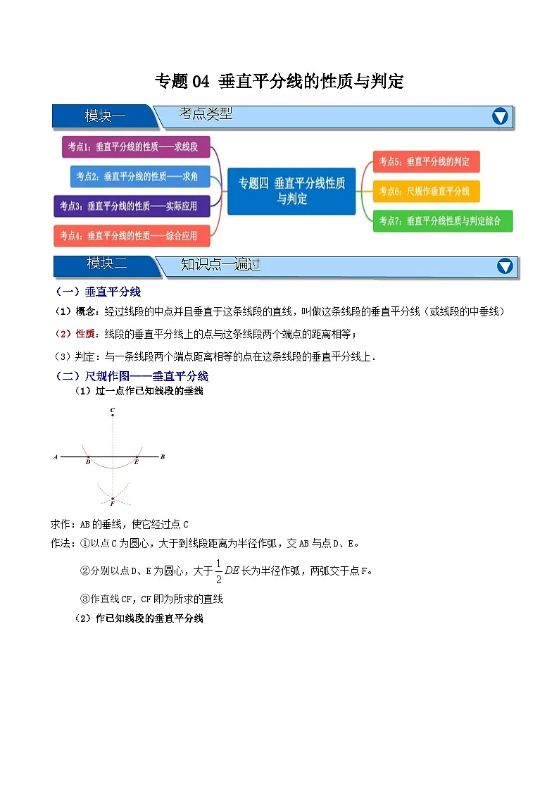 专题04 垂直平分线性质与判定【知识串讲+七大考点】(原卷版）第1页