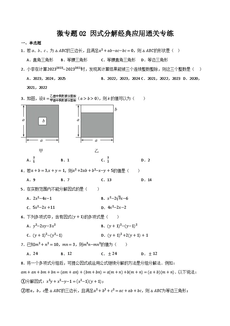 微专题02 因式分解经典应用通关专练(原卷版）第1页