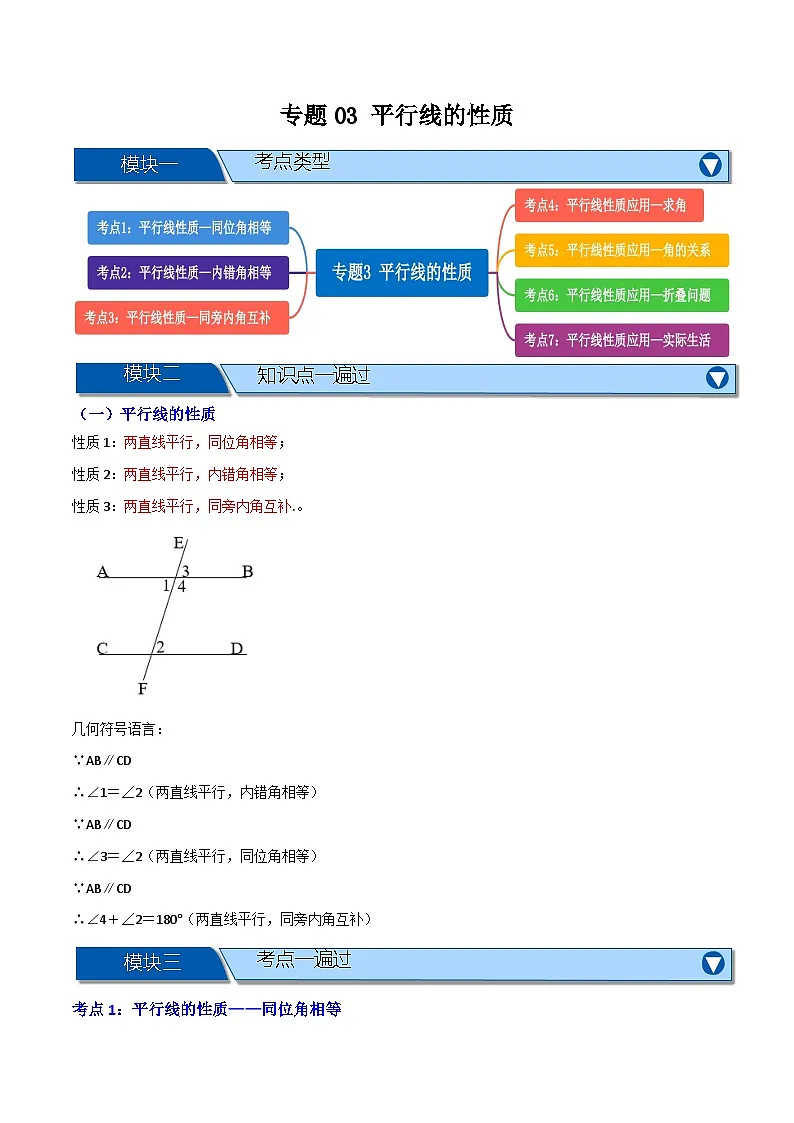 专题03 平行线的性质【知识串讲+八大考点】(原卷版）第1页
