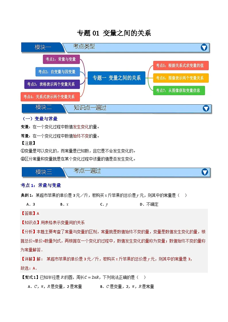 专题01 变量之间的关系【知识串讲+七大考点】(解析版）第1页