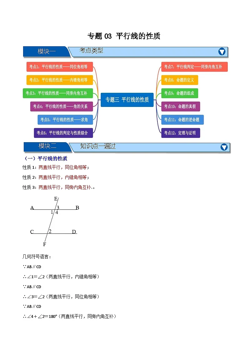 专题03 平行线的性质【知识串讲+十二大考点】(解析版）第1页