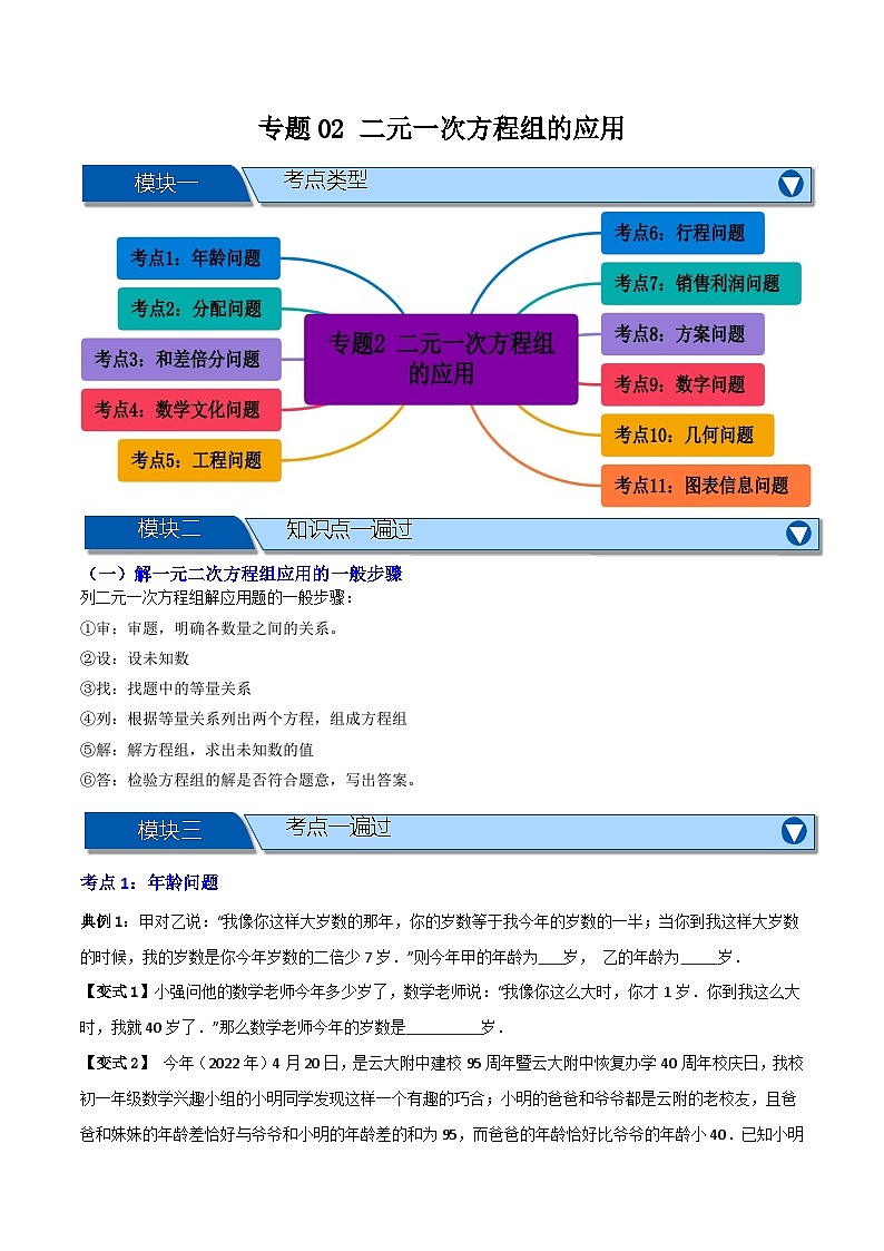 专题02 二元一次方程组的应用【知识串讲+十一大考点】(原卷版）第1页