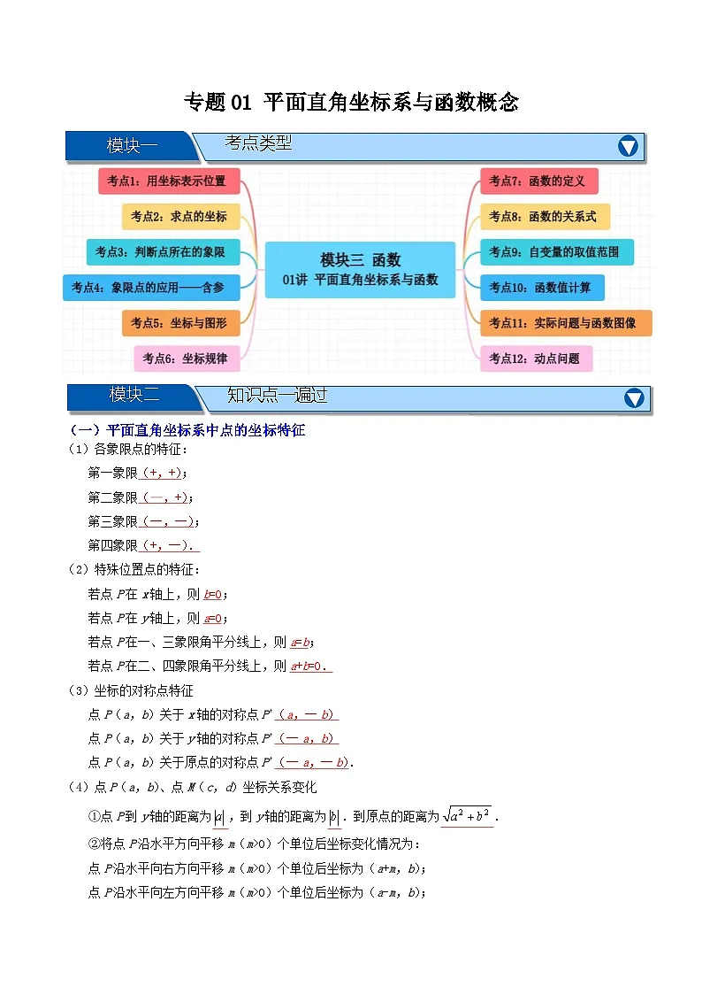 专题01 平面直角坐标系与函数概念【十二大考点+知识串讲】-（全国通用）(原卷版）第1页