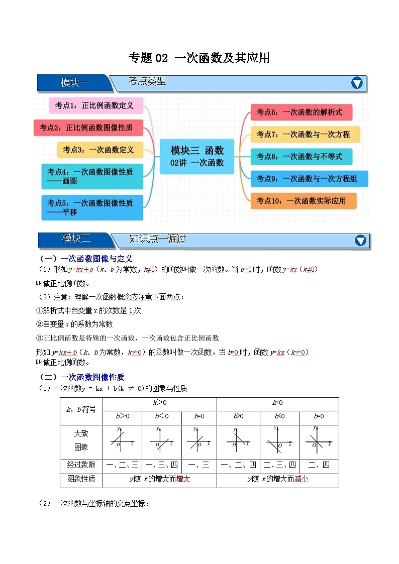 专题02 一次函数及其应用【十大考点+知识串讲】-（全国通用）(原卷版）第1页