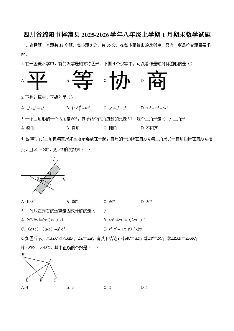 四川省绵阳市梓潼县2025-2026学年八年级上学期1月期末数学试题-自定义类型第1页