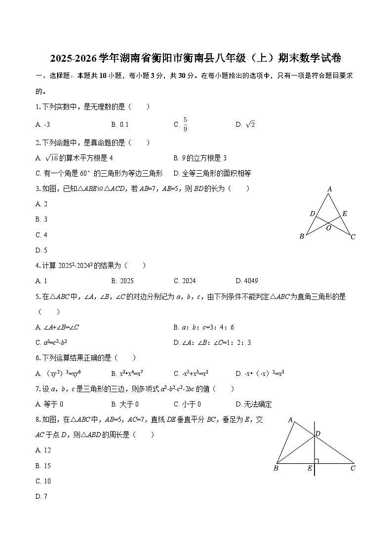 2025-2026学年湖南省衡阳市衡南县八年级（上）期末数学试卷-自定义类型第1页