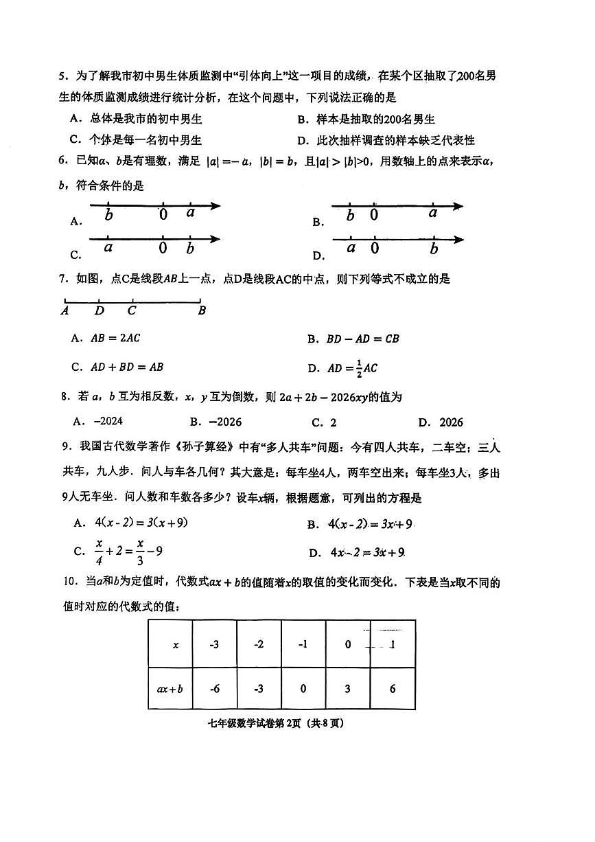 山东省青岛第五十九中学 2025一2026学年第一学期期末学业水平质量检测 七年级数学试题第2页