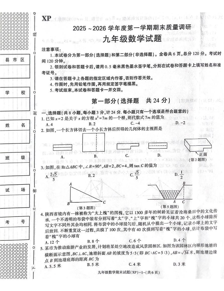 陕西省咸阳市兴平市2025-2026学年上学期期末质量调研九年级数学试题第1页