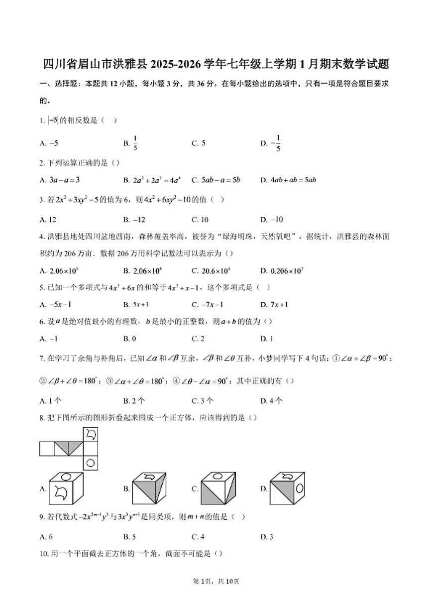 2025-2026学年四川省眉山市洪雅县七年级上学期1月期末数学试题（含答案）第1页